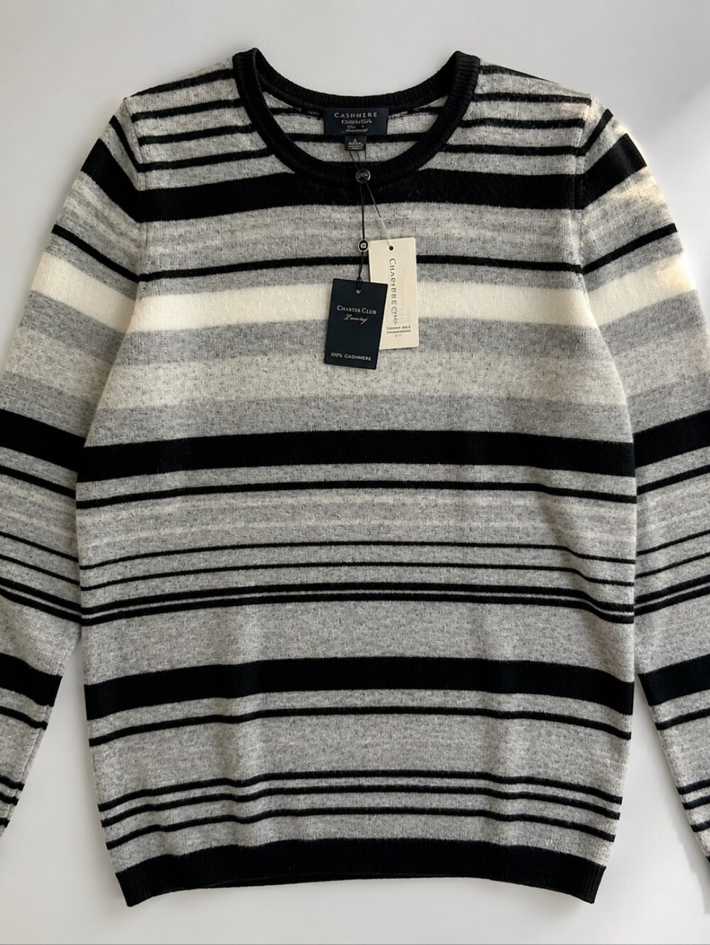 Charter Club Luxury Women's Black, Gray & White Striped Cashmere Crewneck 100%